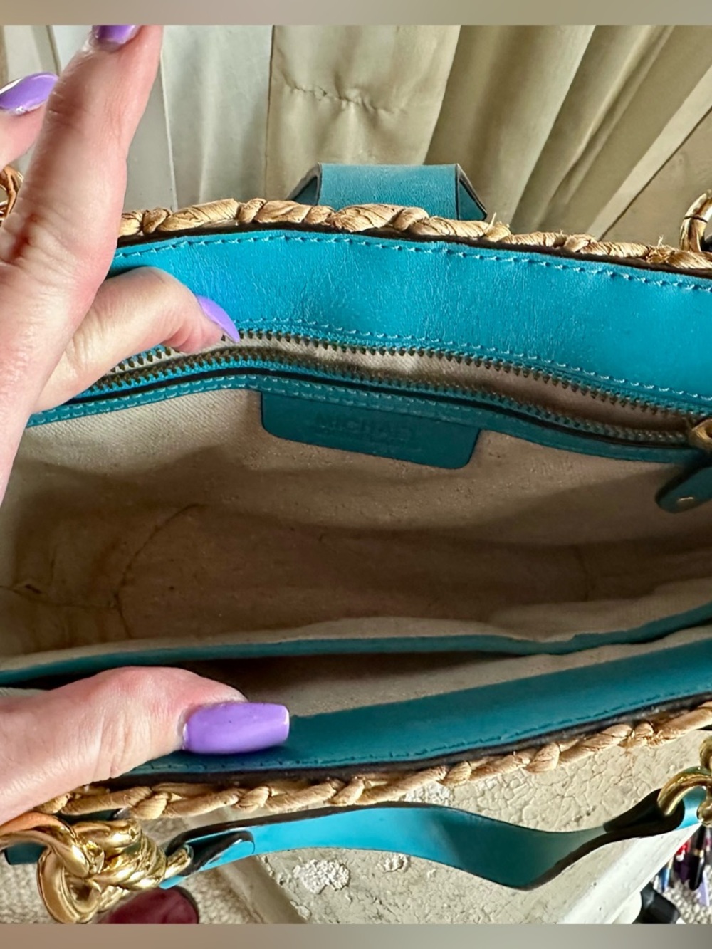 Michael Kors Aqua-Trim Woven Straw Tote with Gold Hardware. Perfect for summer! - Picture 3 of 16